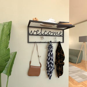 Wall Mounted Coat Rack with Shelf, Entryway Organizer & Welcome Sign