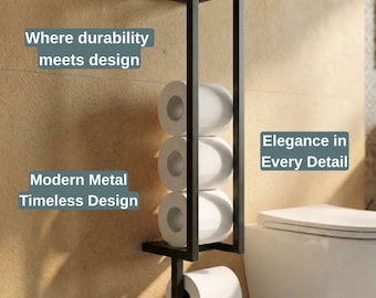 May include: A black metal toilet paper holder with a modern design. The holder has a rectangular frame that holds three rolls of toilet paper and one roll in use. The text on the image reads: "Where durability meets design", "Modern Metal Timeless Design", and "Elegance in Every Detail".