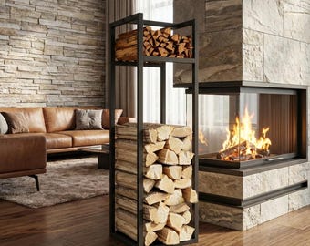 Modern Tall Firewood Rack, Industrial Metal Log Holder for Vertical Storage