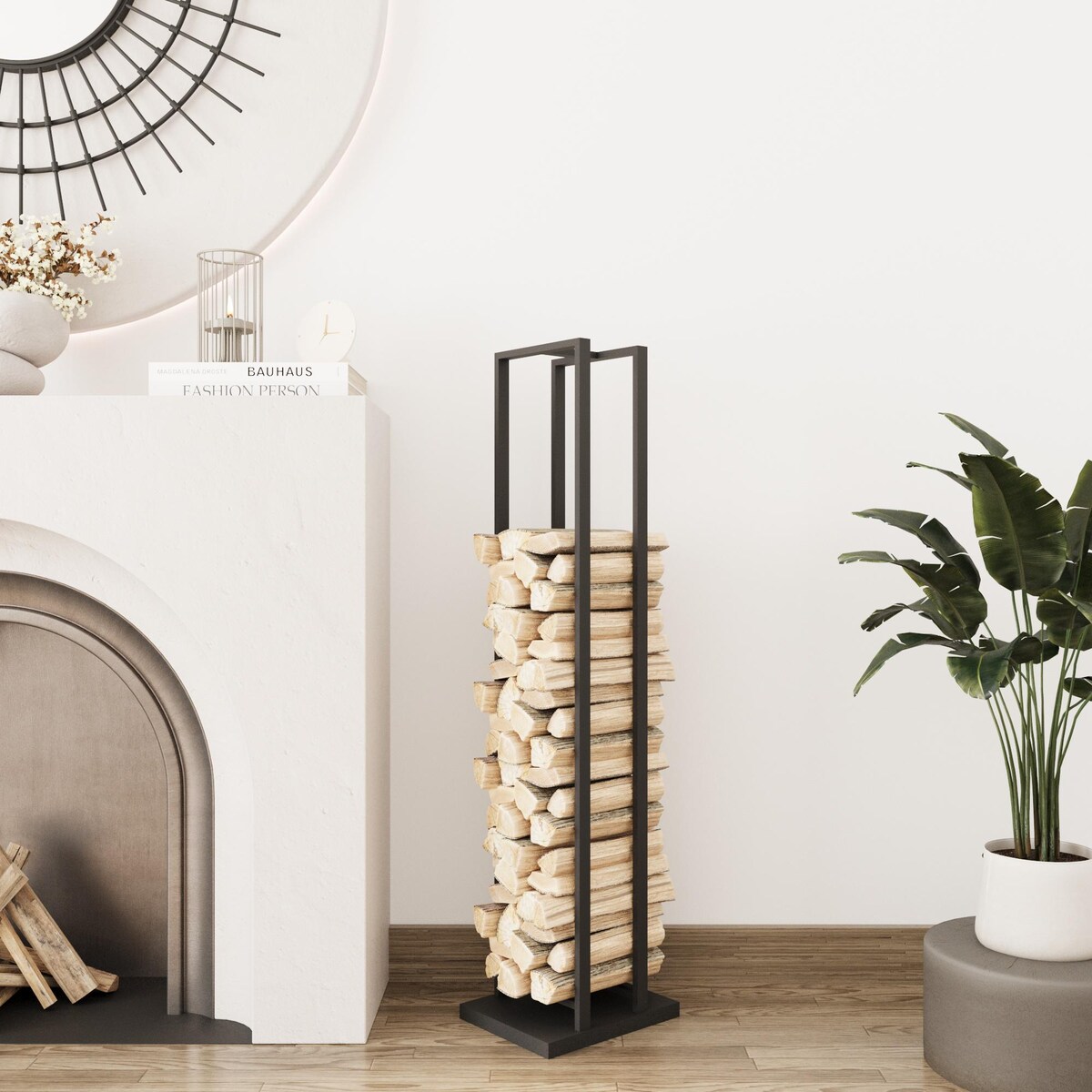 Modern Vertical Firewood Rack, Metal Log Holder, Indoor Fireplace Wood Storage, Minimalist Home Decor Gift