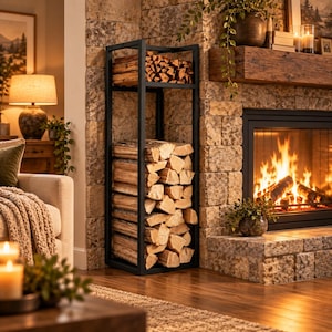 背の高い金属製薪ラック（焚き付け棚付き）、屋内用縦型薪ホルダー