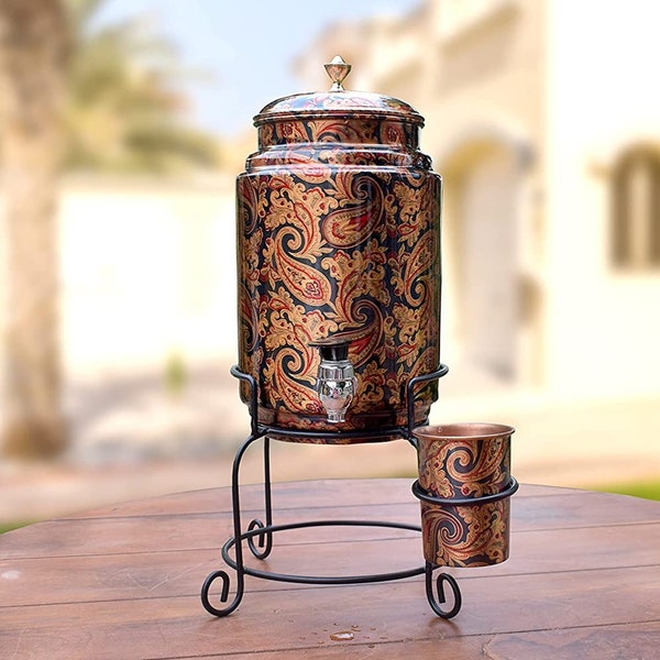 Printed Copper Water Dispenser with Glass and Stand - 5 Liters