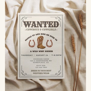 Wanted: Western Party Invite, Western Dinner Party Invite, Cowboy Party Invite, Western Birthday Invite, Wild West Party Invite, Editable