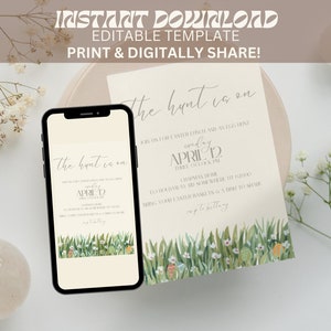 K&ouml;nnte beinhalten: Bearbeitbare Vorlage f&uuml;r eine Einladung zur Ostereiersuche. Die Einladung zeigt eine Aquarell-Illustration von gr&uuml;nem Gras, wei&szlig;en Blumen und bunten Ostereiern. Der Text auf der Einladung lautet "Die Jagd ist er&ouml;ffnet" und enth&auml;lt das Datum und die Uhrzeit der Veranstaltung.
