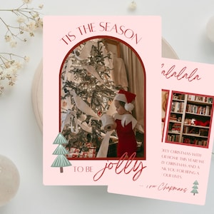 Eloise TIS THE SEASON Biglietto di Natale/vacanze, biglietto di Natale modello canva, biglietto con foto di famiglia, biglietto di buone feste, Natale rosa e rosso