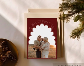 Modello modificabile per biglietto di auguri natalizi con foto di famiglia / Design ad arco marrone (download digitale)
