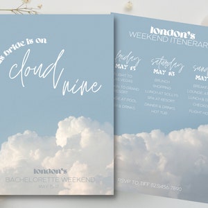 The Bride is On Cloud Nine editable invite, on cloud 9 bachelorette invite, printable bachelorette invitation, bachelorette itinerary, bride