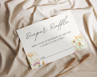 Tarjeta de rifa de pañales para baby shower con flores silvestres, plantilla editable (digital)