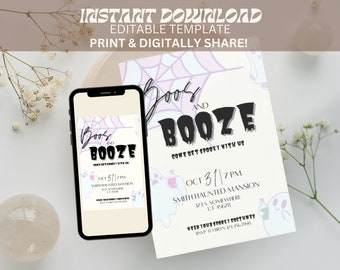 Plantilla de invitación para fiesta de Halloween de Boos & Booze (descarga digital)