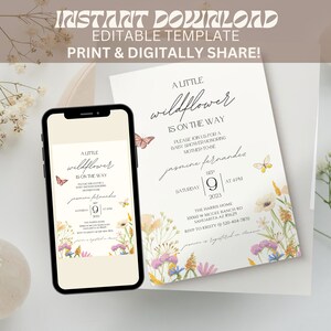 Puede incluir: Una invitaci&oacute;n de baby shower imprimible con un dise&ntilde;o floral y mariposas. El texto dice "A Little Wildflower is on the Way" e incluye la fecha, la hora y la ubicaci&oacute;n del evento.