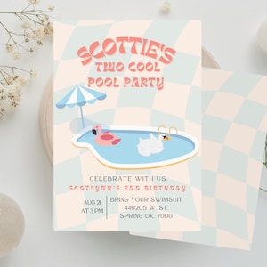 Two Cool Pool Party invite, Kids birthday party, pool party, summer party invite, kids pool party invite summer bday invite instant download