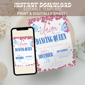 Op de afbeelding: Een bewerkbare sjabloon voor een bruidsdoucheinvitatie. De uitnodiging heeft een discobalontwerp met de tekst "claire is the dancing queen" en de datum "friday, november 7th".