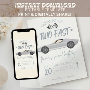 Two Fast Birthday Invitation, Race Car Invitation, Grey Race Car Birthday, 2nd Birthday invite, Editable Digital Template, INSTANT DOWNLOAD