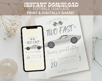 Invitación de cumpleaños con dos coches de carreras rápidos, segundo cumpleaños (plantilla digital)