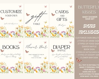 Set de letreros de besos de mariposa para baby shower, plantillas editables (descarga digital)