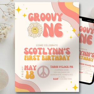 Groovy One Birthday Party Invitation, Editable  Groovy First Birthday Invite, Retro 70&#39;s First Birthday, Daisy Rainbow Birthday invite Hippi