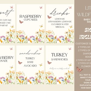 Puede incluir: Conjunto de carteles de baby shower imprimibles con un dise&ntilde;o floral y mariposas. Los carteles incluyen "postre", "cupcakes de frambuesa", "bebidas", "limonada de fresa", "s&aacute;ndwiches", "pavo", "jam&oacute;n", "aguacate" y "s&aacute;ndwiches de pavo".