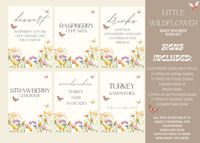 Puede incluir: Conjunto de carteles de baby shower imprimibles con un dise&ntilde;o floral y mariposas. Los carteles incluyen "postre", "cupcakes de frambuesa", "bebidas", "limonada de fresa", "s&aacute;ndwiches", "pavo", "jam&oacute;n", "aguacate" y "s&aacute;ndwiches de pavo".