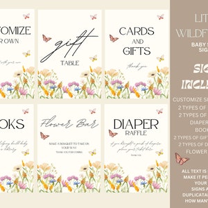 Puede incluir: Un conjunto de carteles imprimibles para baby shower con un dise&ntilde;o floral de acuarela. Los carteles incluyen "Personaliza el tuyo", "Mesa de regalos", "Tarjetas y regalos", "Libros", "Barra de flores" y "Rifa de pa&ntilde;ales".