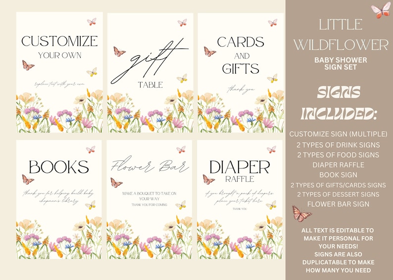 Puede incluir: Un conjunto de carteles imprimibles para baby shower con un dise&ntilde;o floral de acuarela. Los carteles incluyen "Personaliza el tuyo", "Mesa de regalos", "Tarjetas y regalos", "Libros", "Barra de flores" y "Rifa de pa&ntilde;ales".