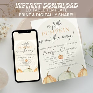 A Little Pumpkin Is On The Way Baby Shower Invite, Fall Pumpkin Baby Shower Invitation, Editable Baby Shower Invite, Fall Baby Shower Theme