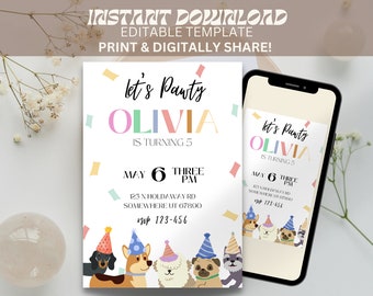 Let's Pawty Dog Puppy Birthday Invite, dog theme birthday invite, kids birthday party invite, instant download, digital invite, puppy bday