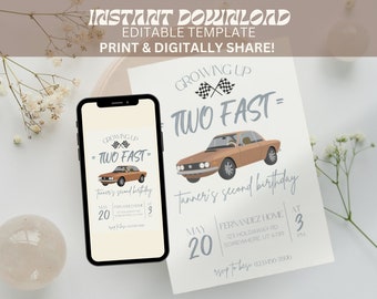 Invitación de cumpleaños con dos coches de carreras rápidos, segundo cumpleaños (plantilla digital)
