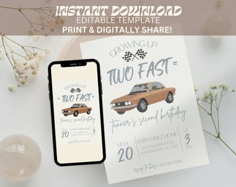 Two Fast Birthday Invitation, Race Car Invitation, Tan Race Car Birthday, 2nd Birthday invite, Editable Digital Template, INSTANT DOWNLOAD