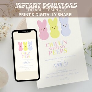 ピープス イースター パーティー招待状、ピープスと過ごすひととき、イースター エッグ ハント招待状、イースター ピープス招待状編集可能なデジタル テンプレート即時ダウンロード