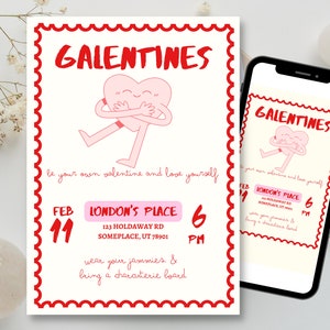 May include: A red and white invitation for a Galentine's Day party. The invitation features a cartoon heart hugging itself and the text "Be your own valentine and love yourself". The invitation also includes the date, time, and location of the party: "Feb 11, 6 PM, London's Place, 123 Holdaway Rd, Someplace, UT 78901". The invitation also includes the text "Wear your jammies & being a characterie board".