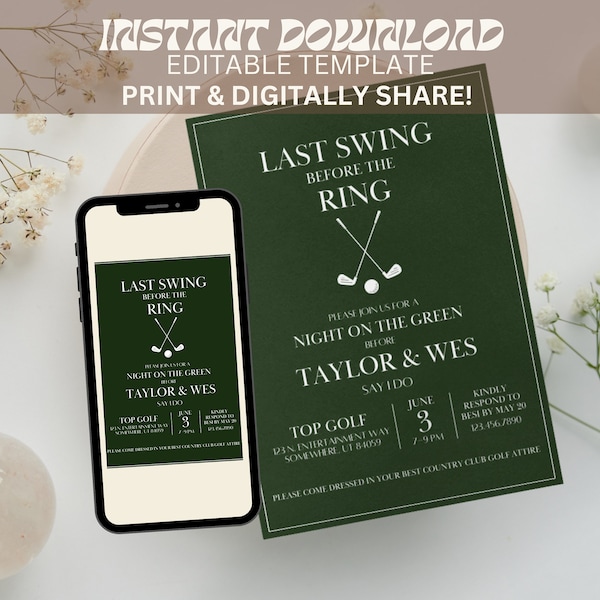 Last Swing Before the Ring Invite, Bachelor Party Invite, Couple Engagement Golf Party Invite, Bridal Golf Invite, Instant download editable