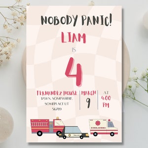 Boys Firetruck Birthday Invitation Template, boys birthday party invite, police firetruck ambulance birthday party invite template editable