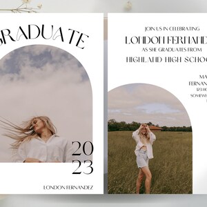 K&ouml;nnte beinhalten: Einladung zur Graduierung mit einem Foto einer Frau in einem wei&szlig;en Oberteil und blauen Jeans-Shorts. Die Einladung lautet "Graduate" mit dem Jahr "2023" und dem Namen "London Fernandez". Die Einladung enth&auml;lt auch das Datum, die Uhrzeit und den Ort der Graduierungsfeier.