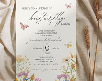 Plantilla de invitación para baby shower con mariposas y flores silvestres (descarga digital)
