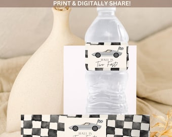 Etiqueta para botella de agua de cumpleaños Two Fast, temática de coche de carreras (plantilla digital)