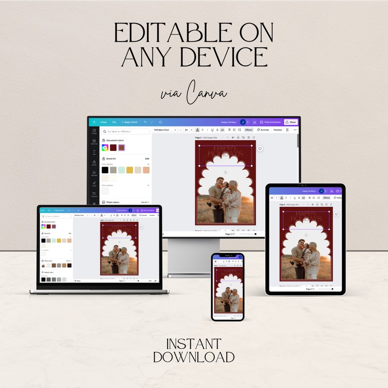 May include: A digital mockup showing a red and white holiday card template with a photo of a family in the centre. The card is editable on any device via Canva and is available for instant download. The text on the card reads "Happy Holidays".