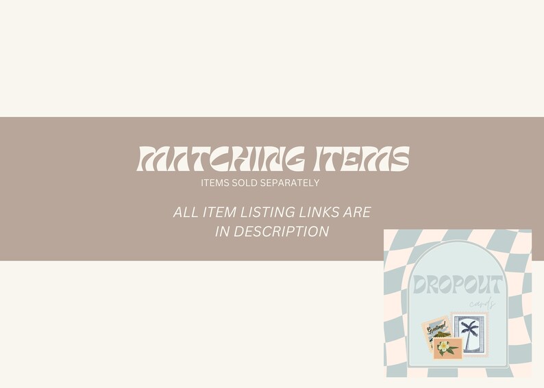 May include: A light blue and white checkered background with a light blue archway. The archway has the text "DROPOUT cards" in white. There are three cards inside the archway with images of a palm tree, a boat, and flowers.