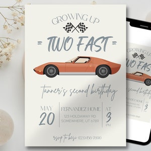 Convite de dois aniversários rápidos, convite de carro de corrida, aniversário de carro de corrida RED, convite de segundo aniversário, modelo digital editável, DOWNLOAD INSTANTÂNEO