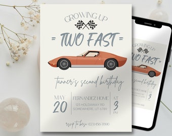 Invitación de cumpleaños con dos coches de carreras rápidos, segundo cumpleaños (plantilla digital)