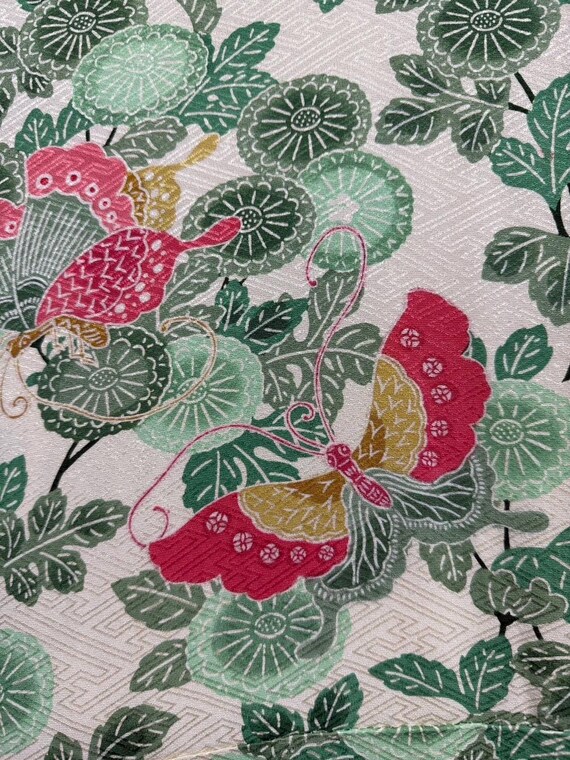 Vintage Japanese Kimono – Pure Silk with Green Botanical & Red Butterfly Motif – Traditional Authentic Wagara Textile – Made in Japan View 5