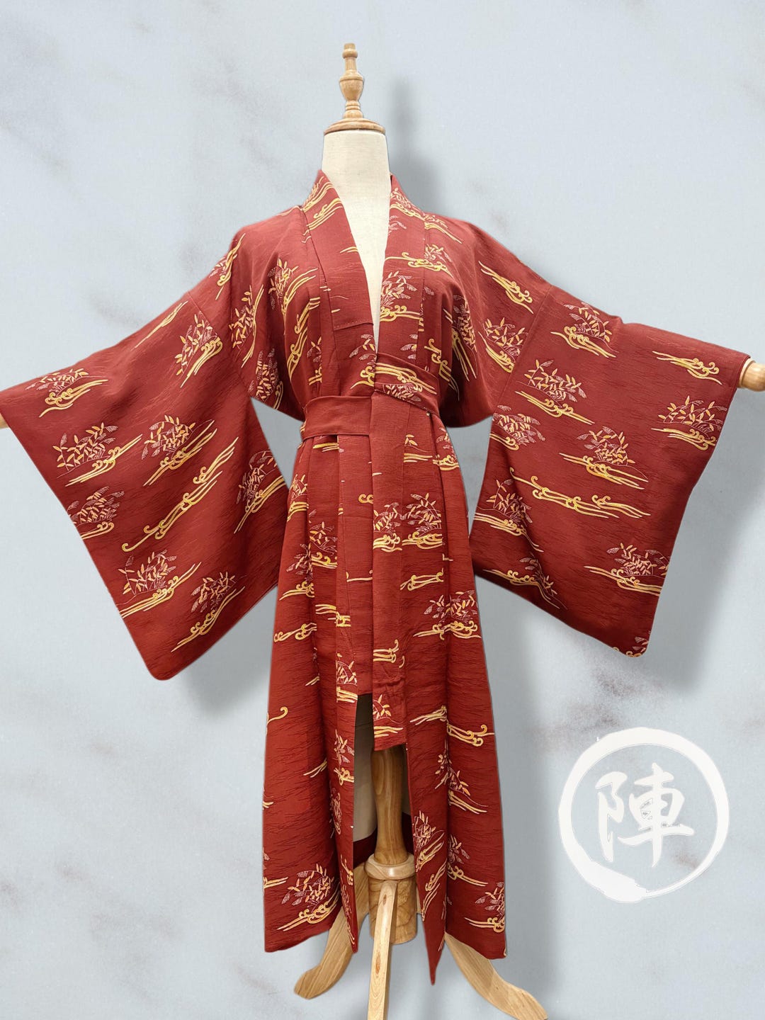 Upcycled Old Robe Upcycled Vintage Kimono 2way Robe Dress – Deep Red With Yellow Gold ...