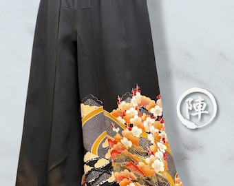 Upcycled Kimono Wide-Leg Pants – Plum Blossom & Pine Motif – Gold Thread Embroidery Detail – Vintage Japanese Silk – Handmade in Kyoto