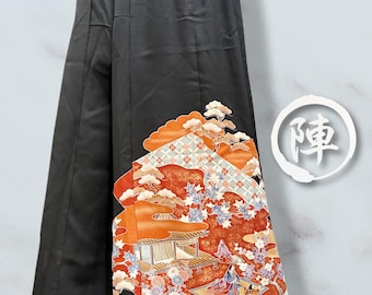 Calças de quimono recicladas de pernas largas – Kurotomesode preto com detalhes em folha de ouro rosa e motivo floral de pássaros. Seda vintage elegante, arte japonesa feita em Kyoto.