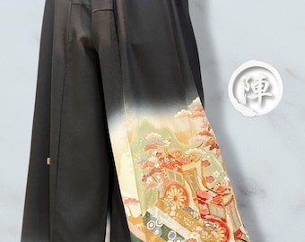 Upgecycelte Kimono-Hose mit weitem Bein – Royal Ox Cart & Blossoms – Vintage-Seide aus Japan – Handgefertigt in Kyoto – Einzigartiges Unikat