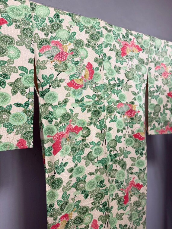 Vintage Japanese Kimono – Pure Silk with Green Botanical & Red Butterfly Motif – Traditional Authentic Wagara Textile – Made in Japan View 2