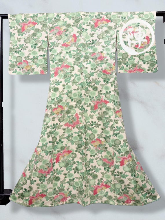 Vintage Japanese Kimono – Pure Silk with Green Botanical & Red Butterfly Motif – Traditional Authentic Wagara Textile – Made in Japan