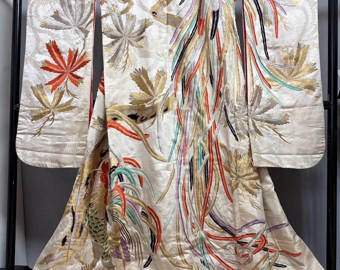 Rooster Robe Antique Silk Uchikake Kimono – Long-Tailed Rooster Embroidery, Vintage ...