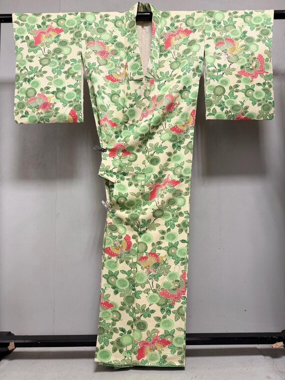 Vintage Japanese Kimono – Pure Silk with Green Botanical & Red Butterfly Motif – Traditional Authentic Wagara Textile – Made in Japan View 3