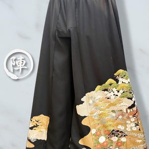Upcycled Kimono Wide-Leg Pants – Japanese Garden Landscape – Vintage Silk Kurotomesode – Handmade in Kyoto – One-of-a-Kind