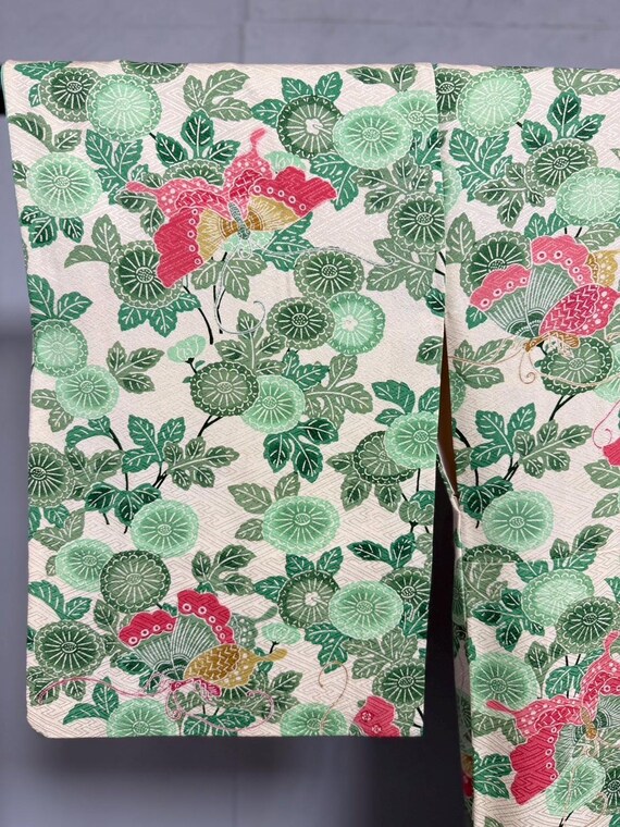 Vintage Japanese Kimono – Pure Silk with Green Botanical & Red Butterfly Motif – Traditional Authentic Wagara Textile – Made in Japan View 6